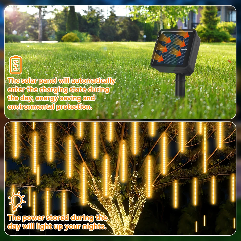 Outdoor Garden Solar Meteor Shower Lights 50CM 8 Tubes LED Waterfall Tree Light Decorations Easy Install Durable For Outdoor