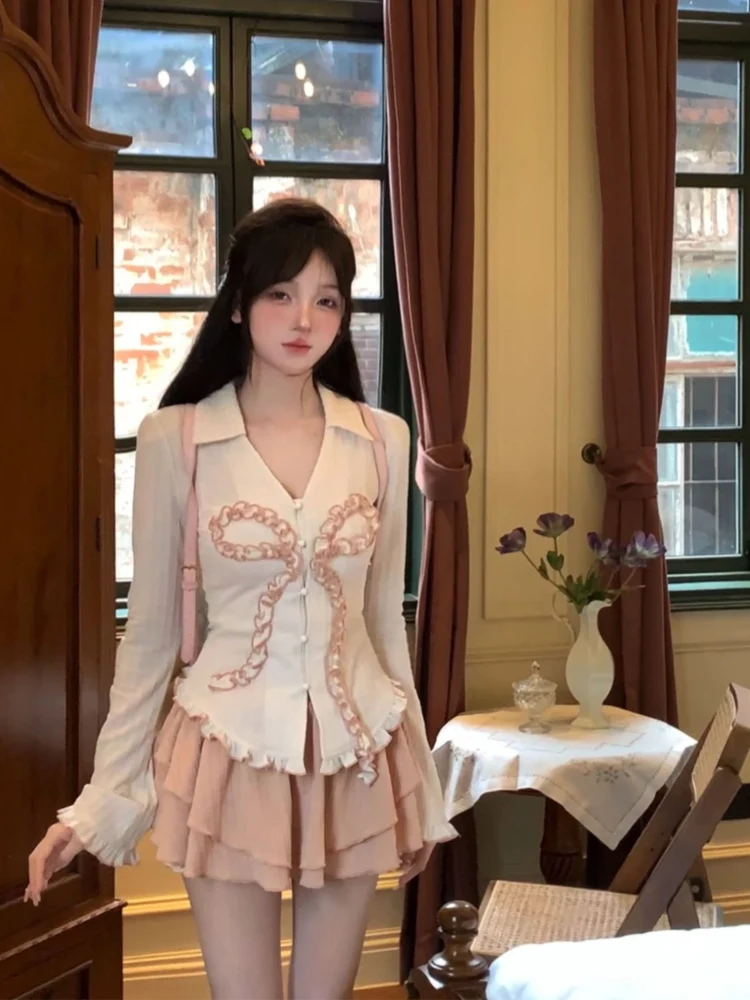 

Sweet Large Size Lace Knot Top And Skirt Set for Women Ballet Sle Faionable Commute High Waist ort Skirt