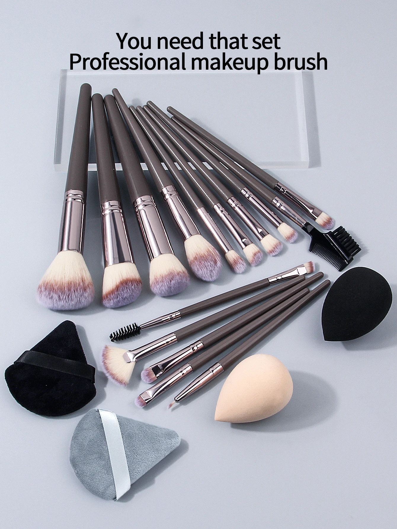 19pcs Professional Makeup Brush Kit,15Brushes+2Powder Puffs+2Makeup Sponges,Portable Complete CosmeticTools Set for Daily&Travel