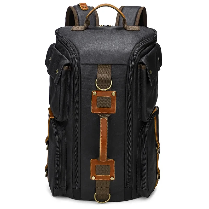 Vintage Leather Man16 inch Laptop Backpack Waxed Canvas Shoulder Rucksack Carry-On Travel Backpack for Men Women