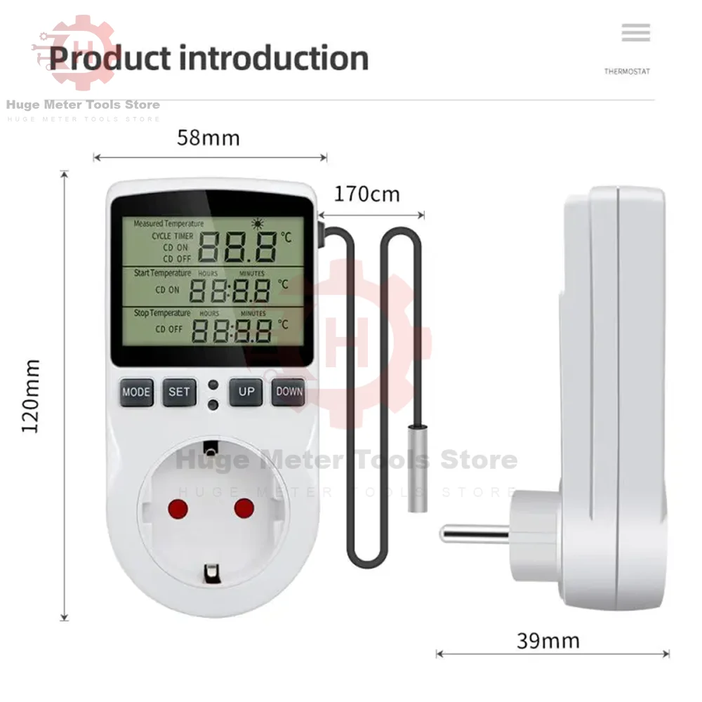 Digitaler Temperaturregler, Steckdosenthermostat, 220 V, EU-Stecker, Timer, Steckdosenthermostat mit Sensorsonde, Heizung, Kühlung