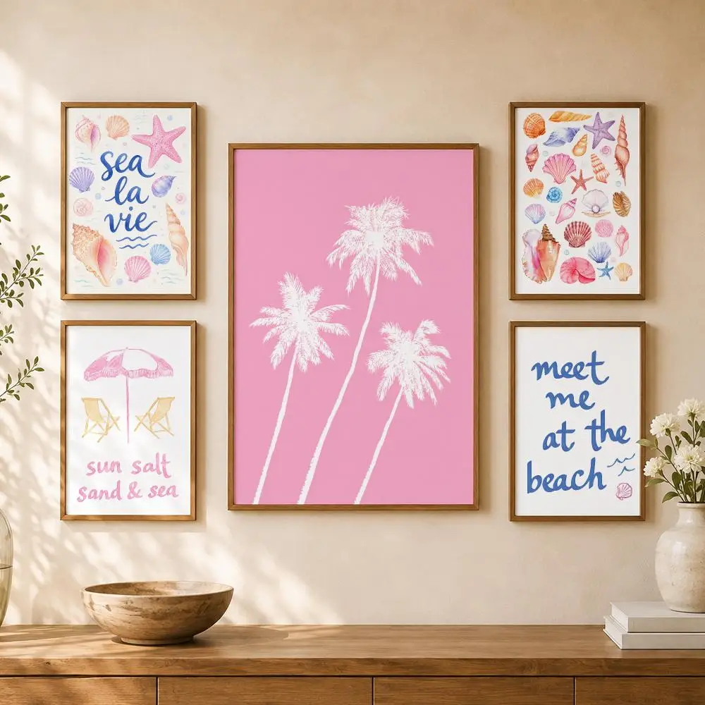Pastel Beach Seashell Coral Palm Coastal Summer Typography Poster Home Room Bar Cafe Club Decor Aesthetic Art Wall Painting