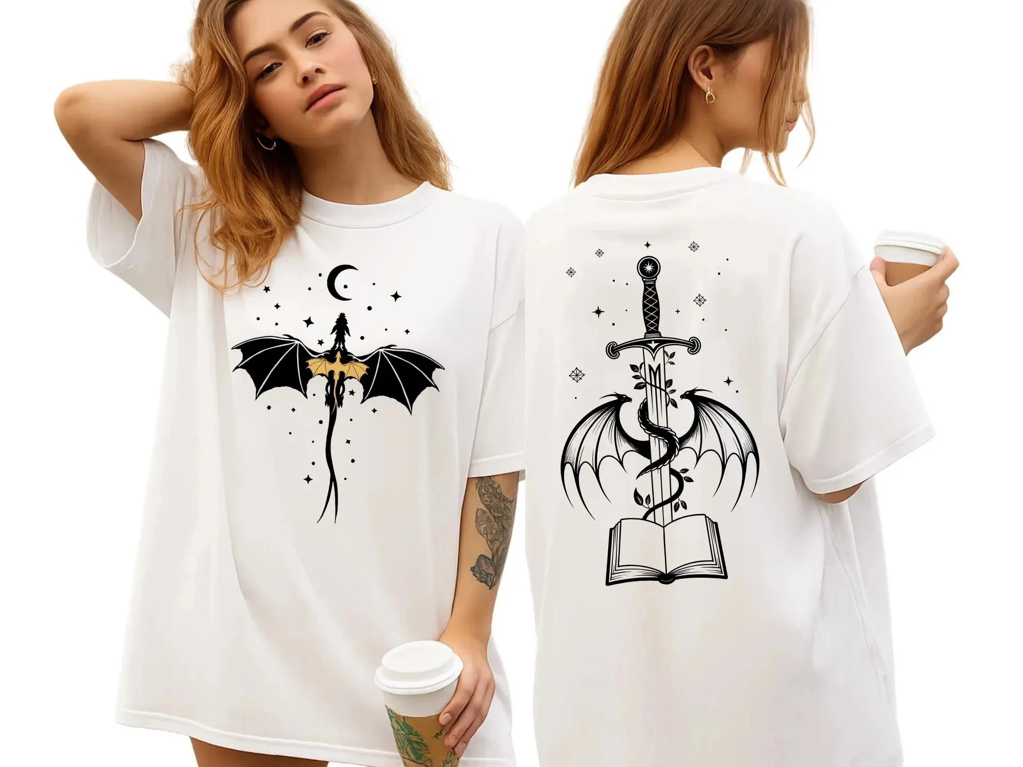 Fourth Wing and Glass Throne Inspired Dragon T-shirt Sword Book Pattern T-shirt BookTok Romantic Novel Reader's Gift Streetwear