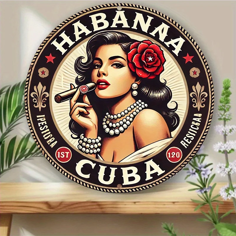لوحة فنية جدارية معدنية مستديرة عتيقة "Havana Cigar Beauty" مسطحة ثنائية الأبعاد - لافتة قصدير ألومنيوم مقاس 8 × 8 بوصة، مناسبة للمنزل والمرآب والمقهى #3