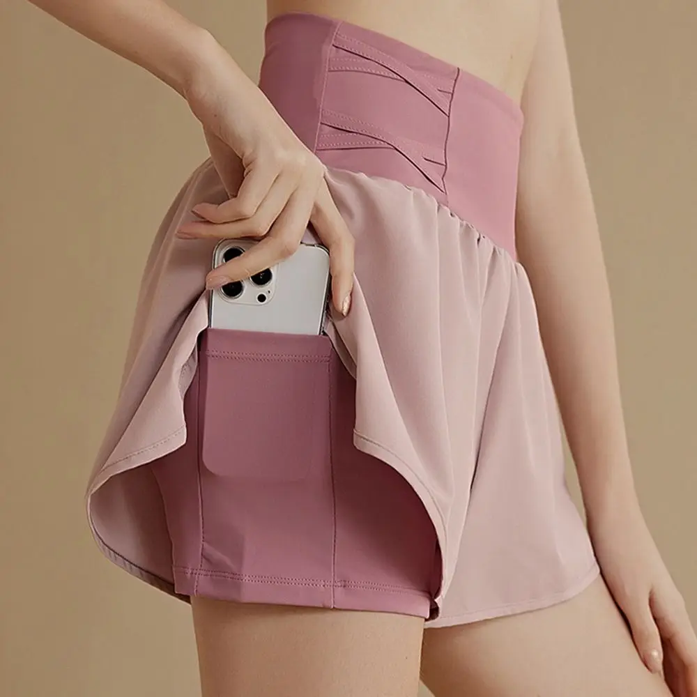 Quick Dry Women Sports Skirt Shorts Double Layer with Pocket Athletic Skort All-match Breathable Running Tennis Skirt