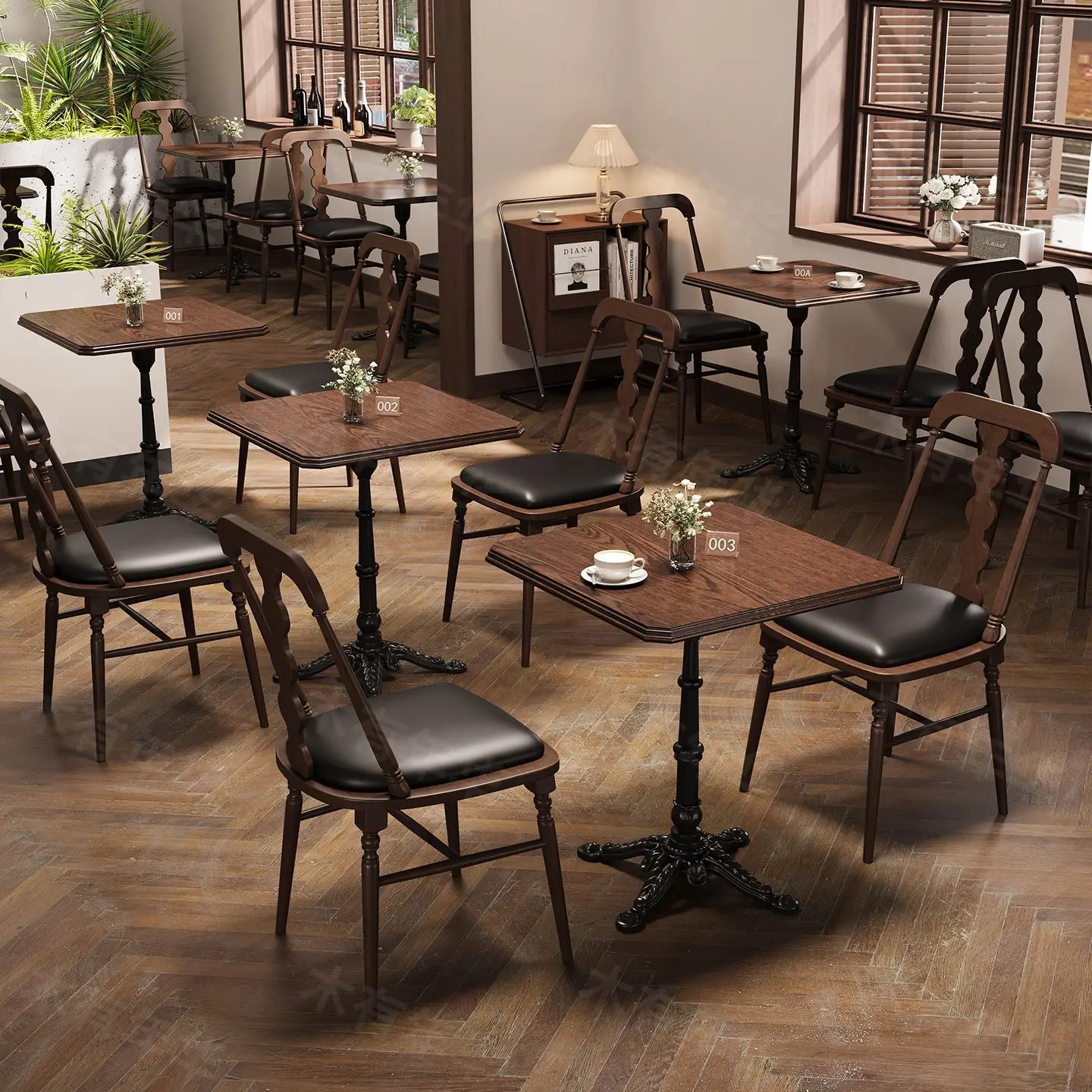Retro American Western Restaurant Cafe Table and Chair Combination Milk Tea Shop Baking Dessert Shop Solid Wood Table