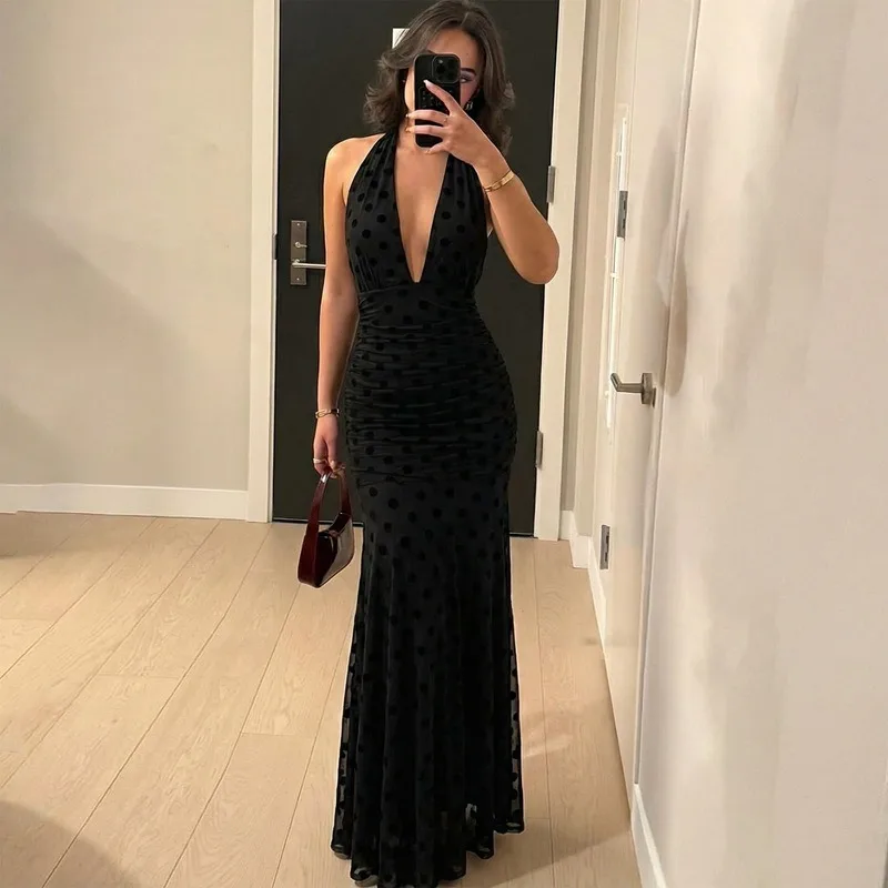 

Tuularose Elegant Polka Dot Dress Women's Fashion Backless Mesh Lace-up Dress Sexy Sleeveless Luxury Female Party Evening Dress