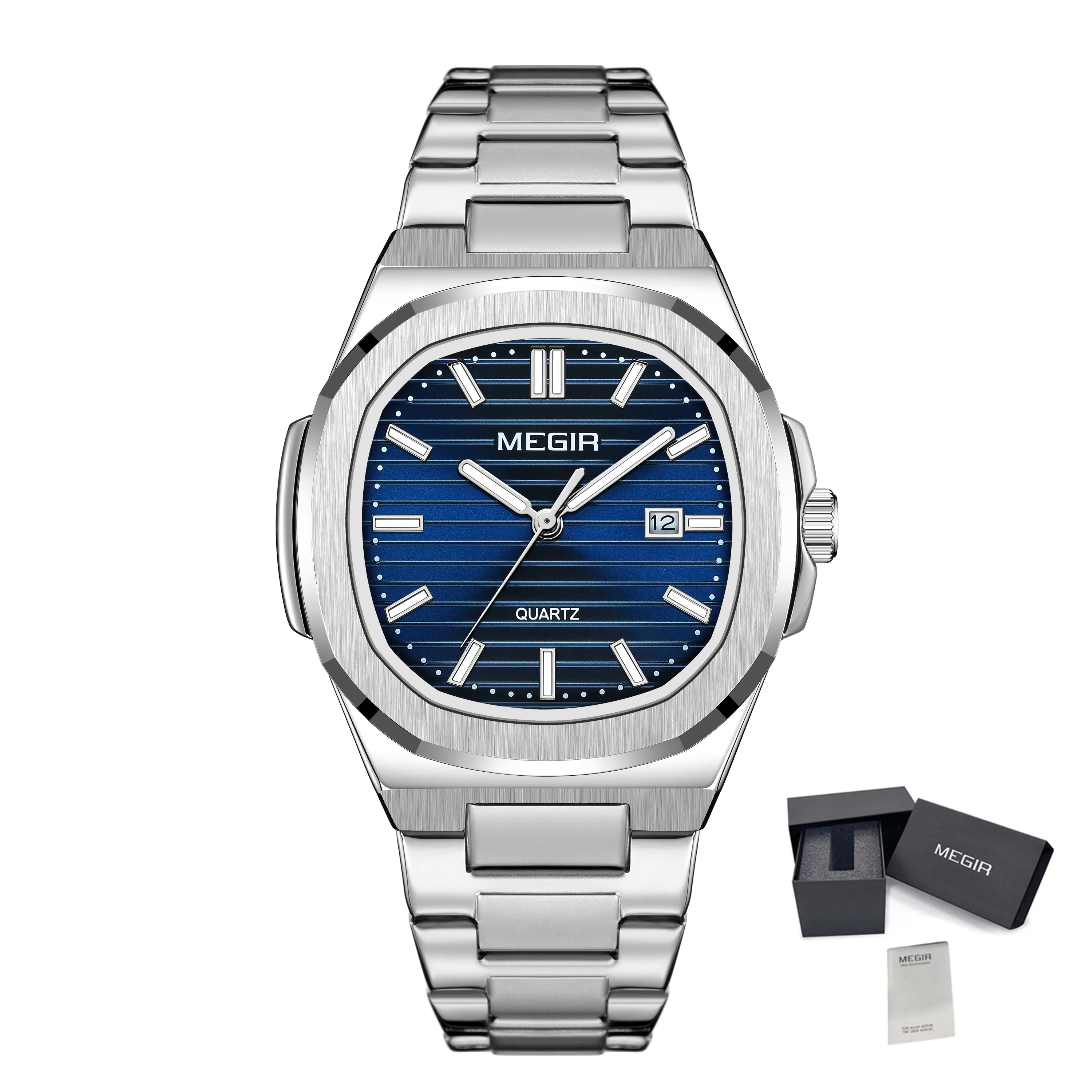 MEGIR Classic Stainless Steel Bracelet Quartz Watch for Men Waterproof Calendar Business Leisure Wristwatch Big Dial Clock 1084