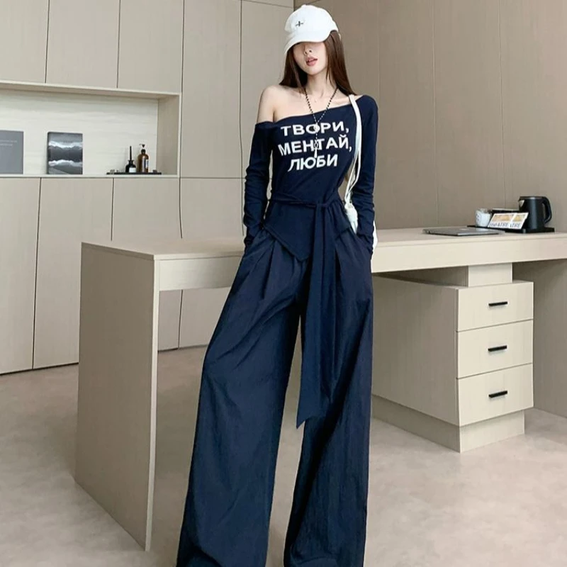 

American style spicy girl slanted shoulder letter printed long sleeved irregular top+high waist wide leg pants casual set