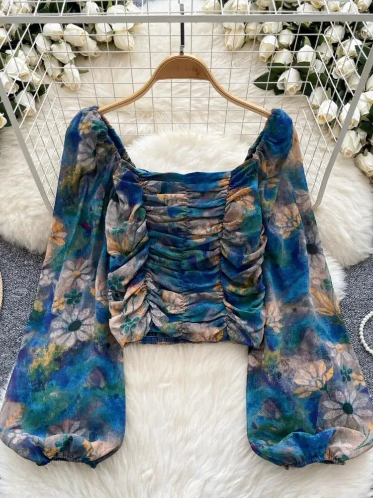 

French Woman Plaid Long Sleeve Shirt Autumn Square Collar Slim Ladies Print Blouse Fashion Vintage Backless Short Pleated Tops