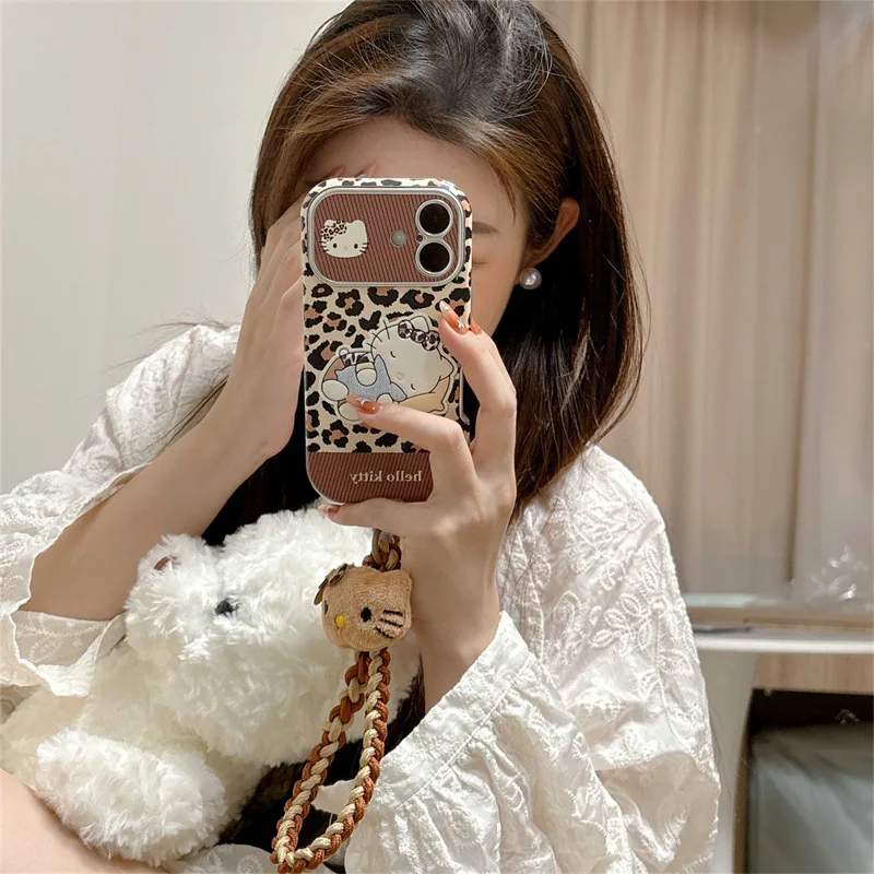 

Spicy girl leopard print Hello Kitty Sanrio Plush Phone Soft Case for IPhone 12 13 14 15 16Pro Max Case Plush Winter Kawaii Gift