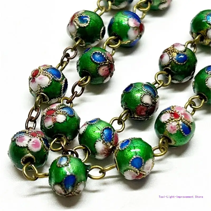 C63E Cloisonne Green Beads Strand Rosary Necklace Jewery for Women Girls Necklace