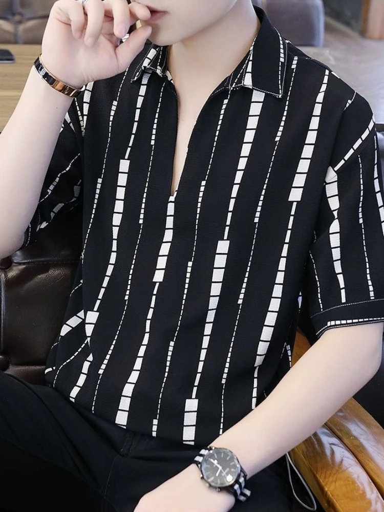 

Men's Summer Polo Shirt Lightweight Short Sleeve Striped Casual Top Breathable Turnover Collar Loose Fit Mid Youth