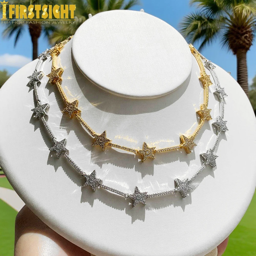 New Iced Out Star Bar Link Chain Necklace Tennis Chain Paved Tiny Sparking Shiny CZ Stone Charm Choker For Women Jewelry