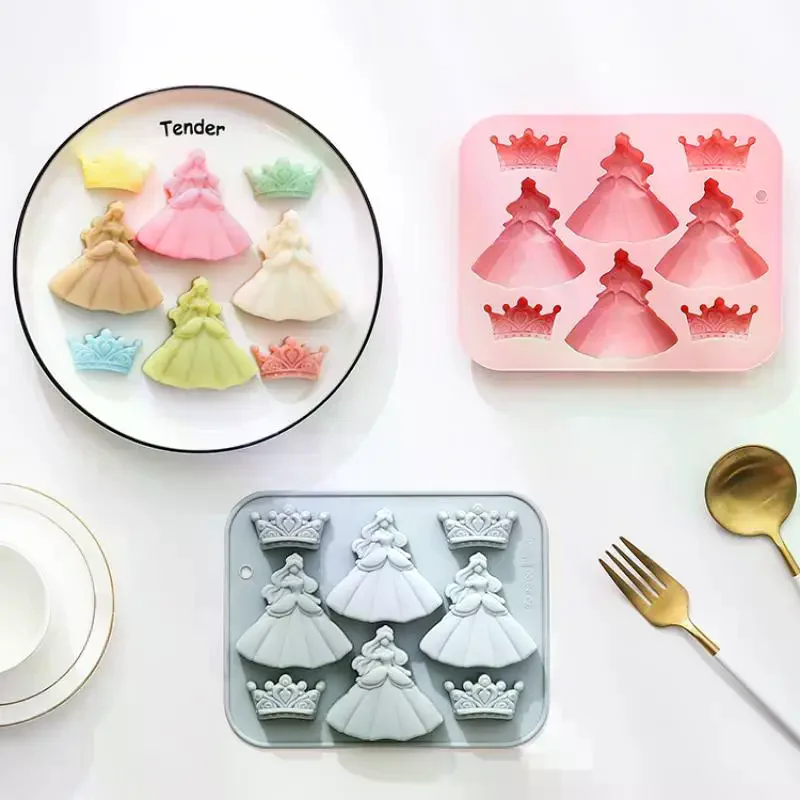 8穴3DプリンセスドレスクラウンシリコンモールドDIYエポキシ樹脂モールドケーキデコレーション