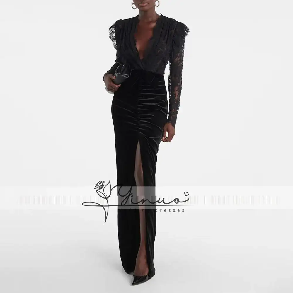 

customized Modern Black Women's Evening Gown Mermaid Floor Length Formal Party Dress Long Sleeves Saudi Dress V Neck Slit Prom D