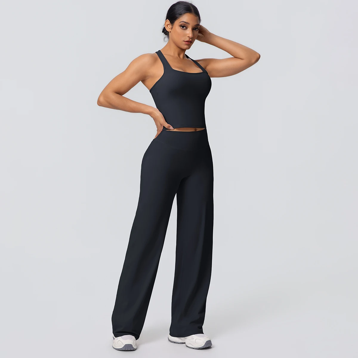 Frauen Sport Yoga Set Gym Schnell Trocknend Pfirsich Butt Yoga Hosen Einfarbig Schlank Schöne Zurück I-förmigen weste Yoga Set – Detail 16