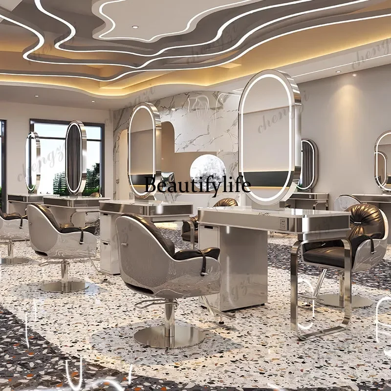 K153 High-end barber shop hair cutting, perming and dyeing mirror table floor with cabinet, hair salon special mirror single
