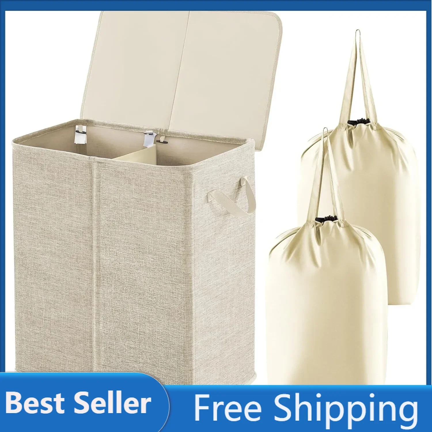 Lifewit Double Laundry Hamper with Lid and Removable Laundry Bags, Large Collapsible 2 Dividers Dirty Clothes Basket