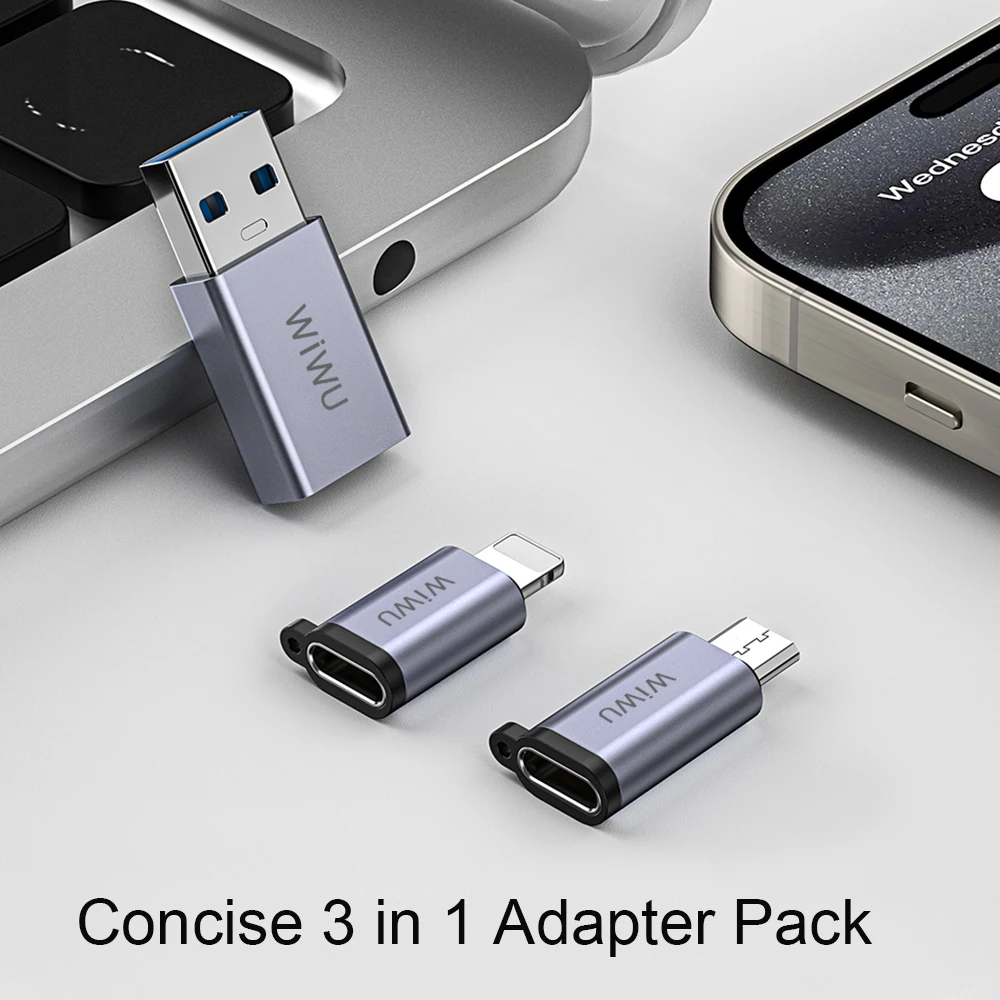 WiWU 3 in 1 Adapter Pack USB C to USB A Mini Design USB C to iP Micro USB Lightweight Type C Port Multi-function Adapters