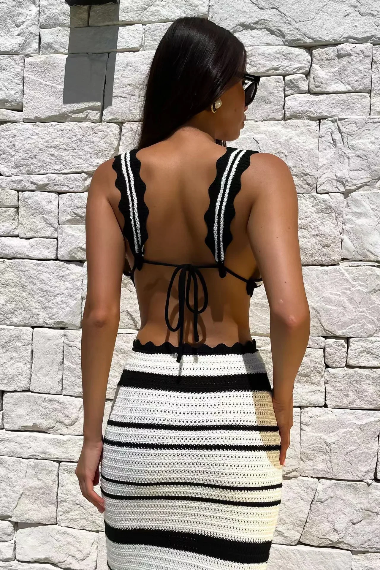 Roupa de saia e regata listrada feminina, roupa de praia, decote em V, alça sem costas, sutiã com renda, saias bodycon, férias, conjunto de 2 peças, senhora