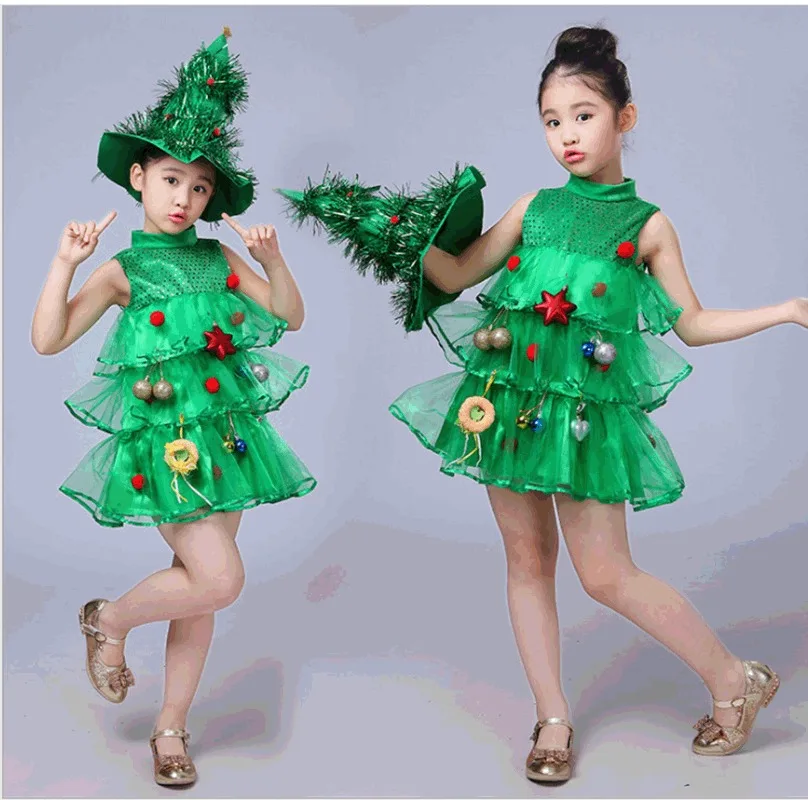 Women Girls Kids Children Green Christmas Tree Costume Outfit Cosplay Props Hat Elf Fancy Dresses