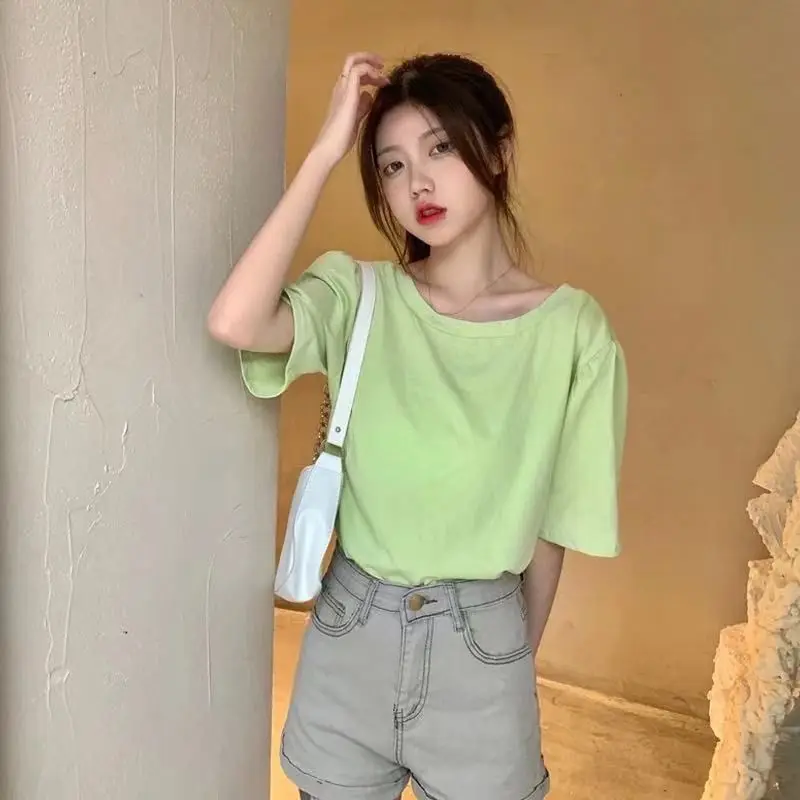 Women Summer Korean Fashion Bow Backless O-neck Short Sleeve All-match T-Shirt Women Clothes Casual Appear Thin Office Lady Tops