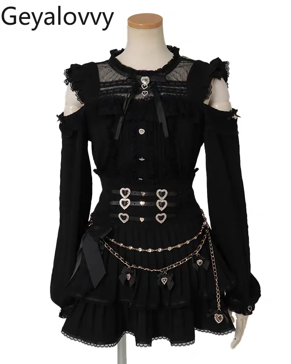 النمط الياباني الإنتاج الضخم قميص غير رسمي جديد الحلو Cutelong كم بلايز للنساء لوليتا الدانتيل المرقعة خارج الكتف بلوزة #2