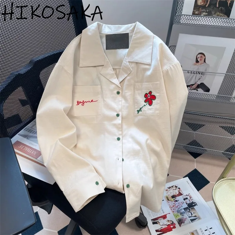 

French Style Fresh Floral Embroidery Blouse Women Single Breasted Long Sleeve Turn-down Collar Shirts Casual Fashion Blusas
