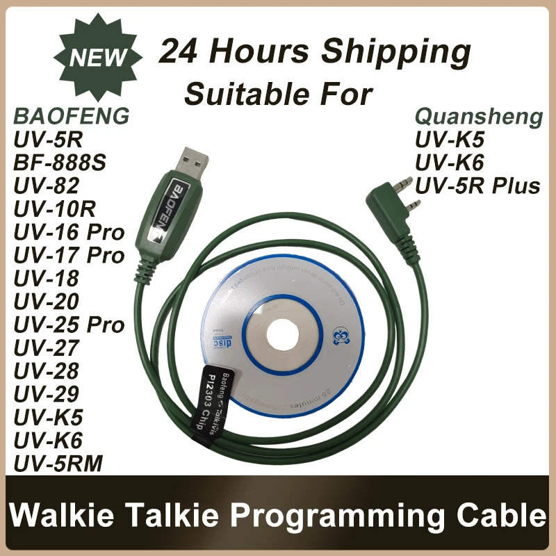 

BAOFENG Quansheng UVK5 Walkie Talkie 2 pin Plug USB кабель для программирования с CD для UV-5R Series UV16 UV17 UV25 PRO K5 PLUS S9