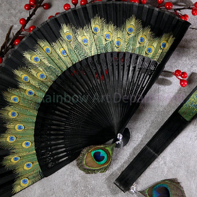 Chinese Style Peacock Fan Bamboo Fan Feather Classical Craft Female Dance Hanfu Pendant Retro Daily Use Ghatpot Silk Folding Fan