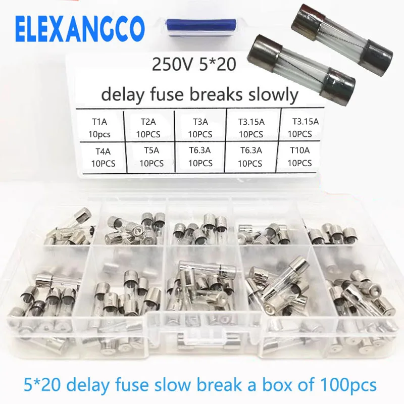 100PCS Slow Break 5*20mm Delay Fuse Tube 250V T1A T2A T3.15AT4A T5A  T6.3A T10A Box Spiral Wire Glass Fuse Tube Delay