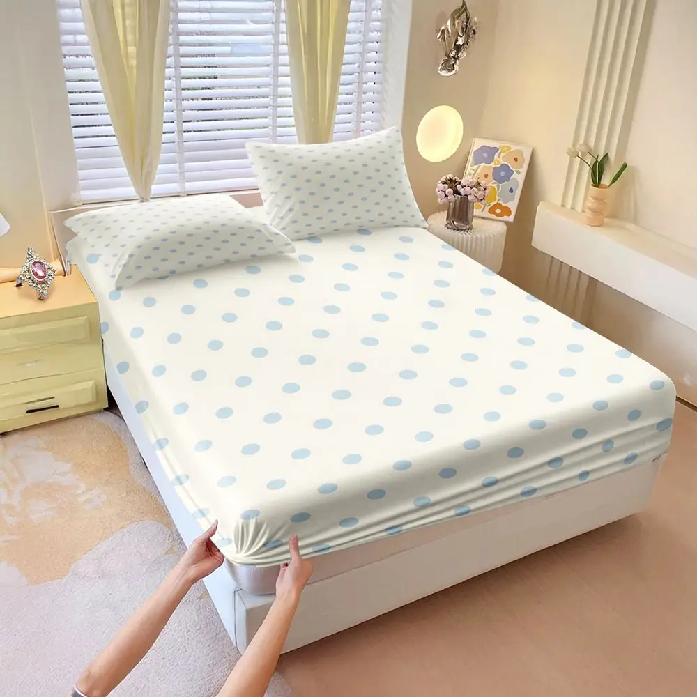 Pastel Blue Polka Dot Print Fitted Sheet Set Bed Sheet Set 3D Digital Printing Soft Breathable Bedding Set for Dorm Home Decor