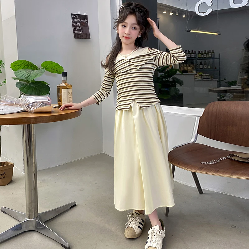 Summer Girls Off Shoulder Striped Half sleeved Shirt Long Dress Set New Children's Set Princess Birthday Party Dress Clothing