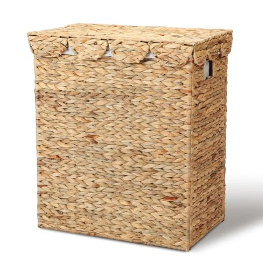 

Large rectangular laundry basket with lid and removable liner bag crafted from natural woven water hyacinth ideal for organizin