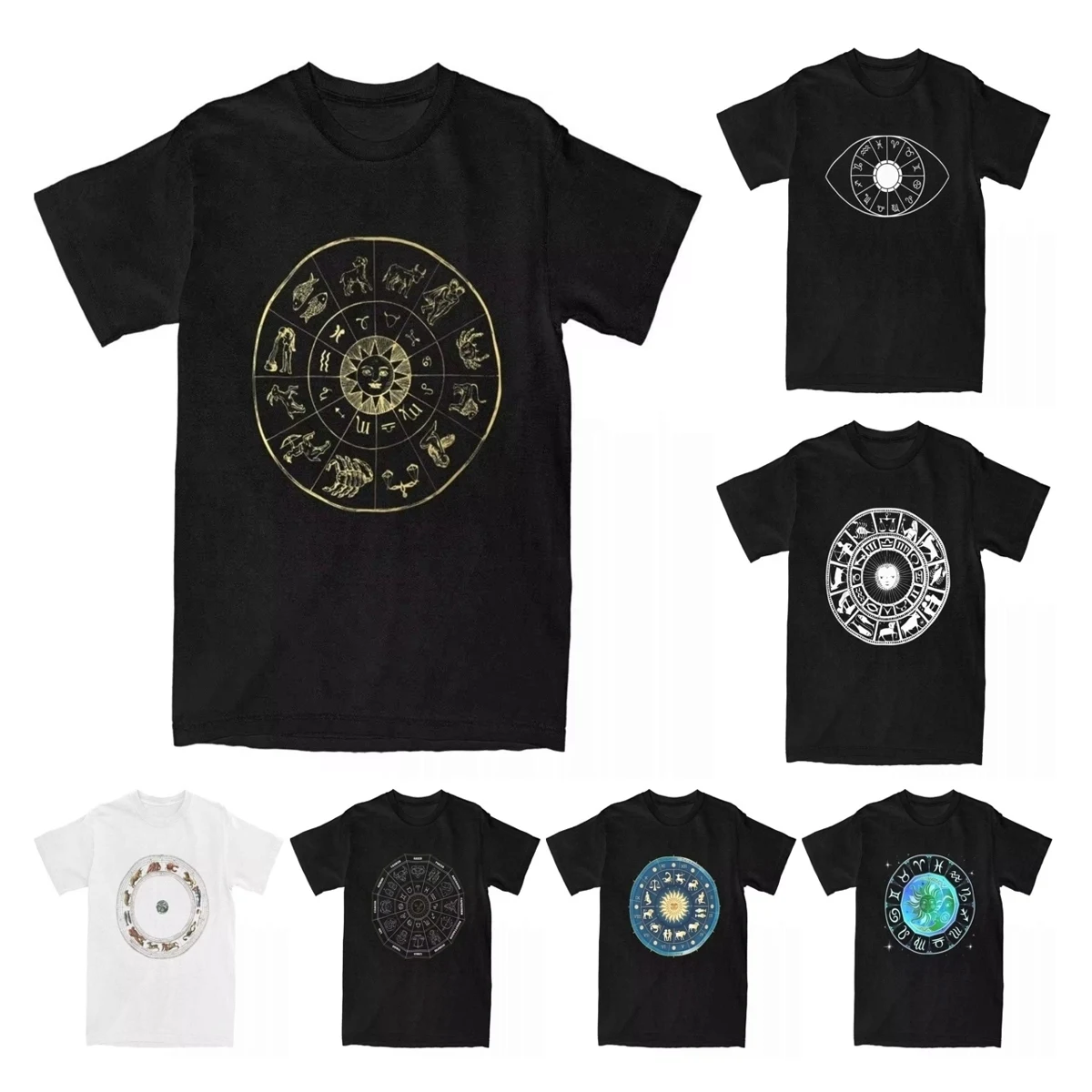 Men T-Shirt Vintage Astrology Zodiac Wheel Star Sign Casual Pure Cotton Tees Stylish Horoscope Art Spiritual T Shirts 4XL 5XL