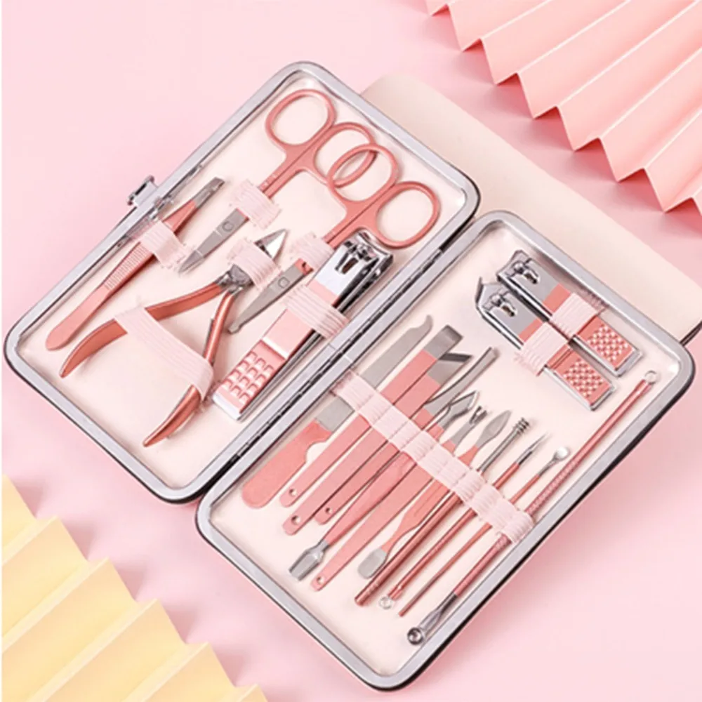 18pcs Stainless Steel Nail Clipper Set Rose Gold Leather Case Manicure Kit Nail Care Tool Travel Outdoor Use