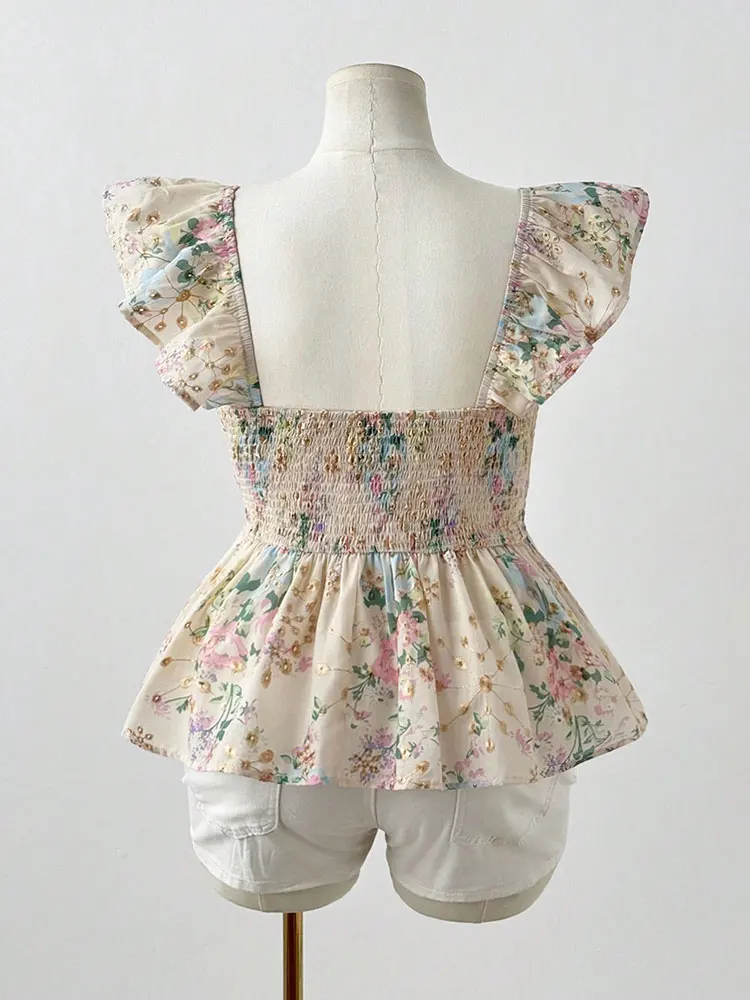 New Embroidery Floral Plus Size Short Corset Waist Ruffle Flutter Sleeve Vest Top Square Neck Drawstring Tie Beige Women Clothes view 6