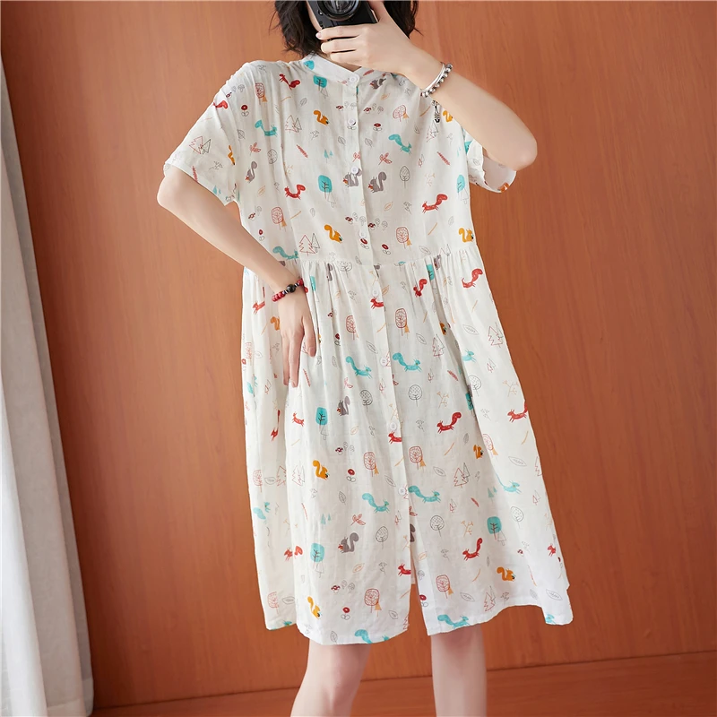 

Summer Floral Print Loose plus Size Women's irt Dr Artistic Sle Mid-Length Casual Cotton Blend Conceal Meat Slimming