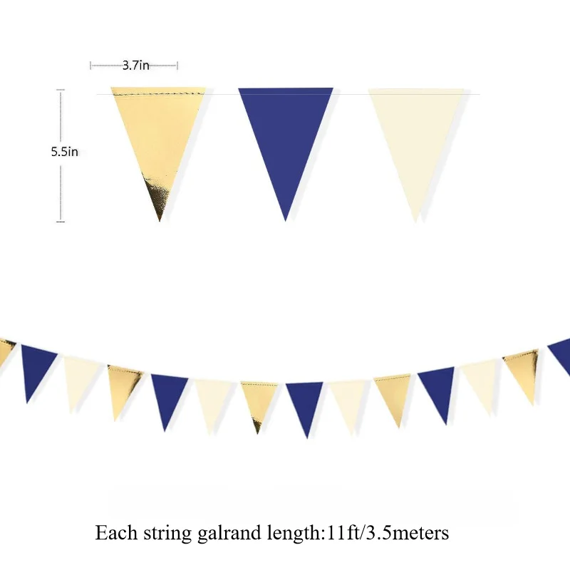 Blue Gold Triangle Flag Pennant Banner Bunting for Graduation Birthday Wedding Nautical Ahoy Achor Theme Party Supplies