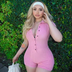 Womens Summer Clothing Rompers  Lovely Pink Lapel Button Jumpsuits Womens Jumpsuit Casual Tight Fitting Shorts One Piece Overall