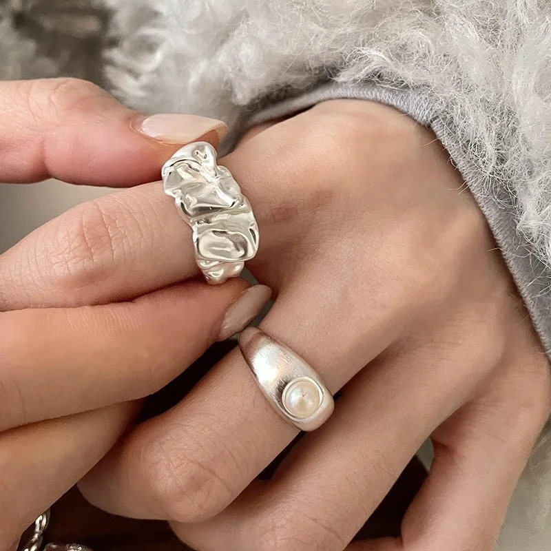 

New Hip Hop Ring Style Wrinkled Female Open Irregular and Versatile Fold Wearing Finger Cold Ring Adjustable