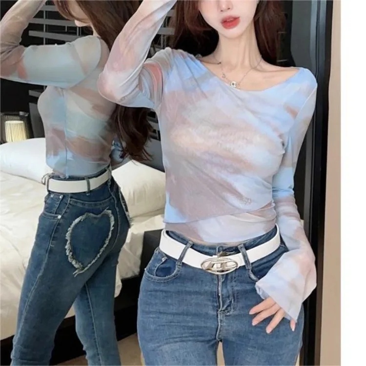 Y2k Grunge Slim Fit Thin Tops Women Vintage Blue Tie Dye Mesh O-neck T-shirts Summer New Long Sleeve Sun Protection Tee Shirt