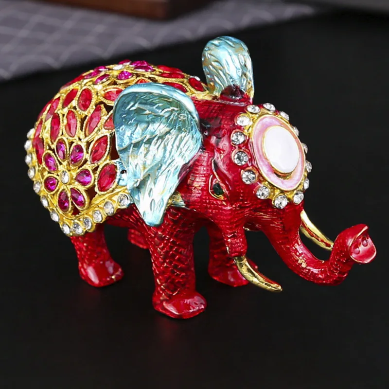 Enamel Lucky Elephant Trinket Box Vintage Hand Painted Ring Jewelry Organizer Figurine Collectible Keepsake Home Decor