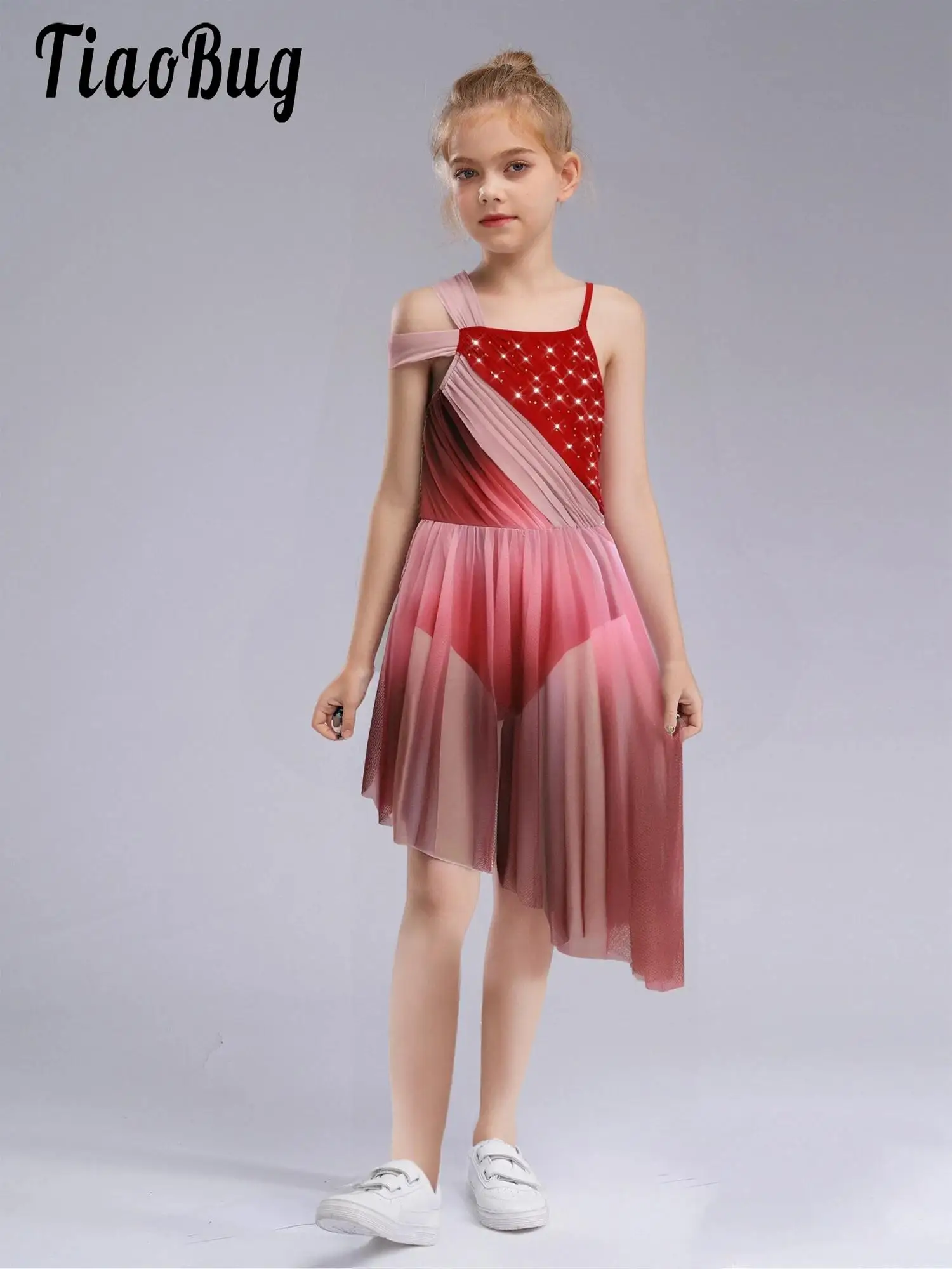 

Girls Lyrical Modern Contemporary Dance Dress Gymnastics Ice Skating Performance Dancewear Sleeveless Mesh Split Leotards Dress