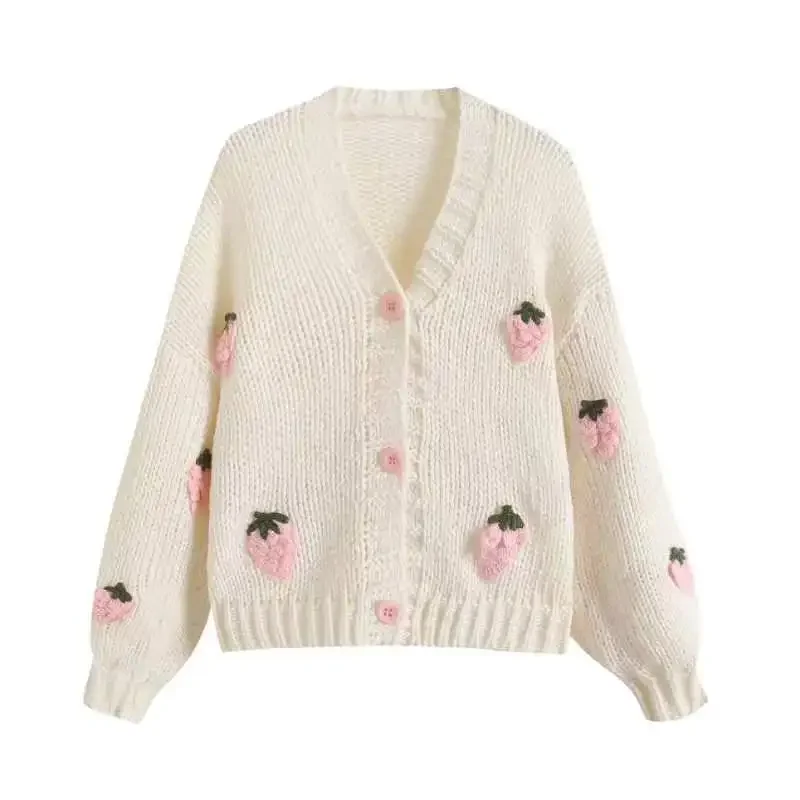 Kimotimo Strawberry Embroidered Sweater Cardigan Women 2024 Autumn Winter Fashion V Neck Vintage Loose Long Sleeve Knitted Coat