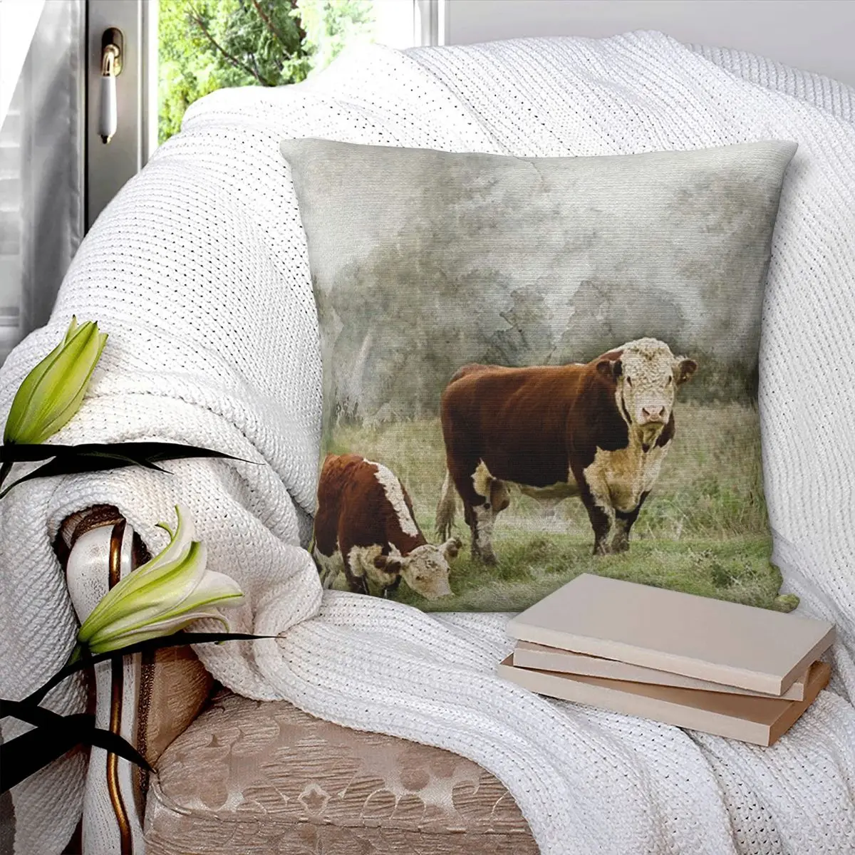 Hereford touro e vaca aquarela fotografia quadrado fronha capa de almofada almofada zip decorativo lance travesseiro para casa carro