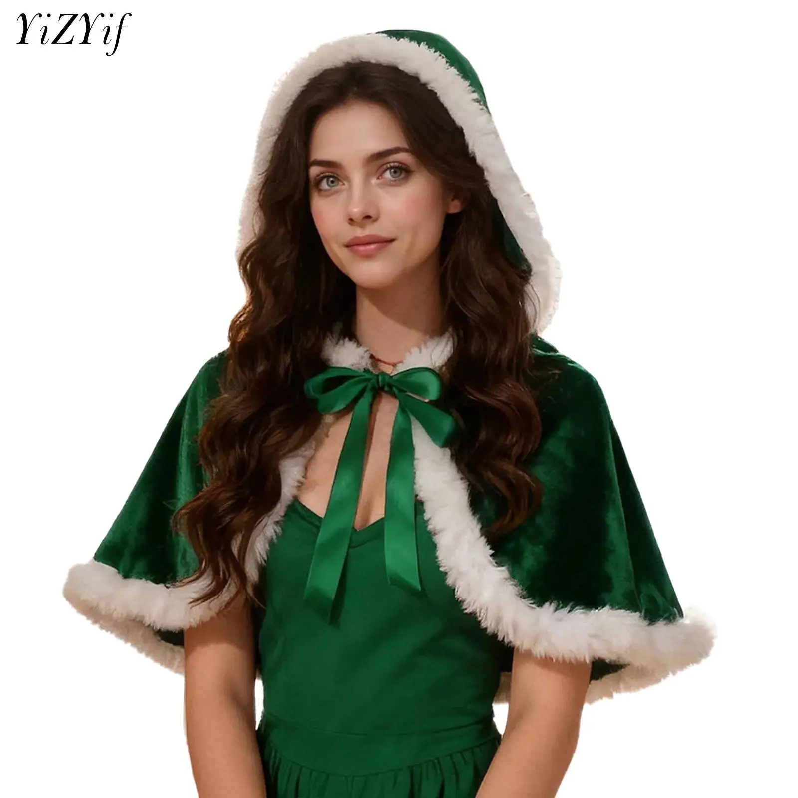 

Christmas Cloak Women Hooded Ponchos Cape Plush Trim Lace Up Velvet Shawl Coat Halloween Xmas Party Santa Claus Cosplay Costume