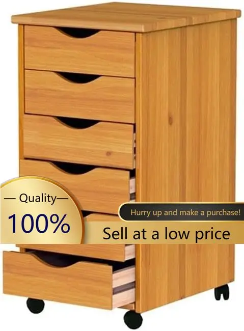 Modern Solid Wood 6-Drawer Roll Utility Cart, Med Pine Finish, 15.25 x 13.25 x 25.75 in, Compact Mobile Storage with Casters, Re