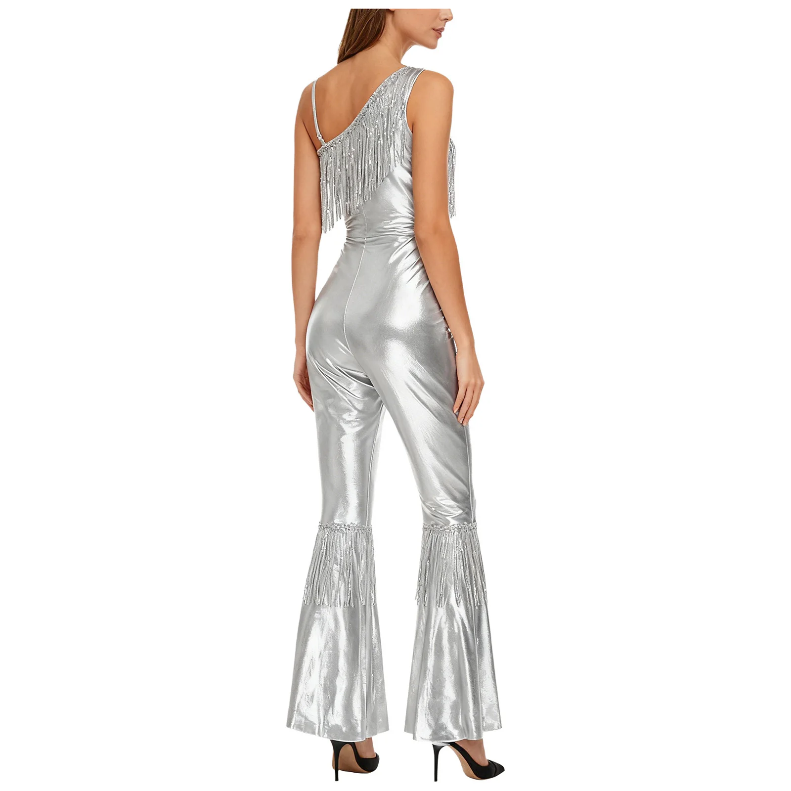 여성용 반짝이는 메탈릭 70년대 80년대 디스코 재즈 왈츠 댄스 점프수트 스팽글 태슬 슬림핏 플레어 팬츠 롬퍼 파티 클럽 레이브용